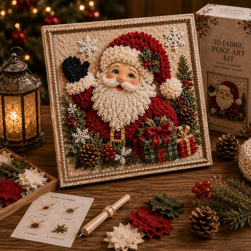3D Christmas Fabric Poke Art Kit | No-Sew Holiday Craft with Pre-Punched Board, Fabric Squares & Display Stand 🎅✨