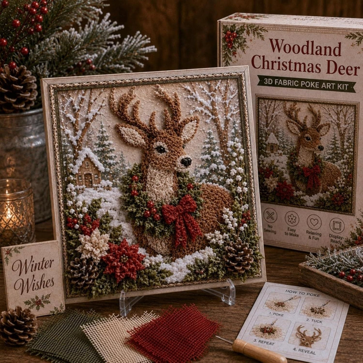 3D Christmas Fabric Poke Art Kit | No-Sew Holiday Craft with Pre-Punched Board, Fabric Squares & Display Stand 🎅✨