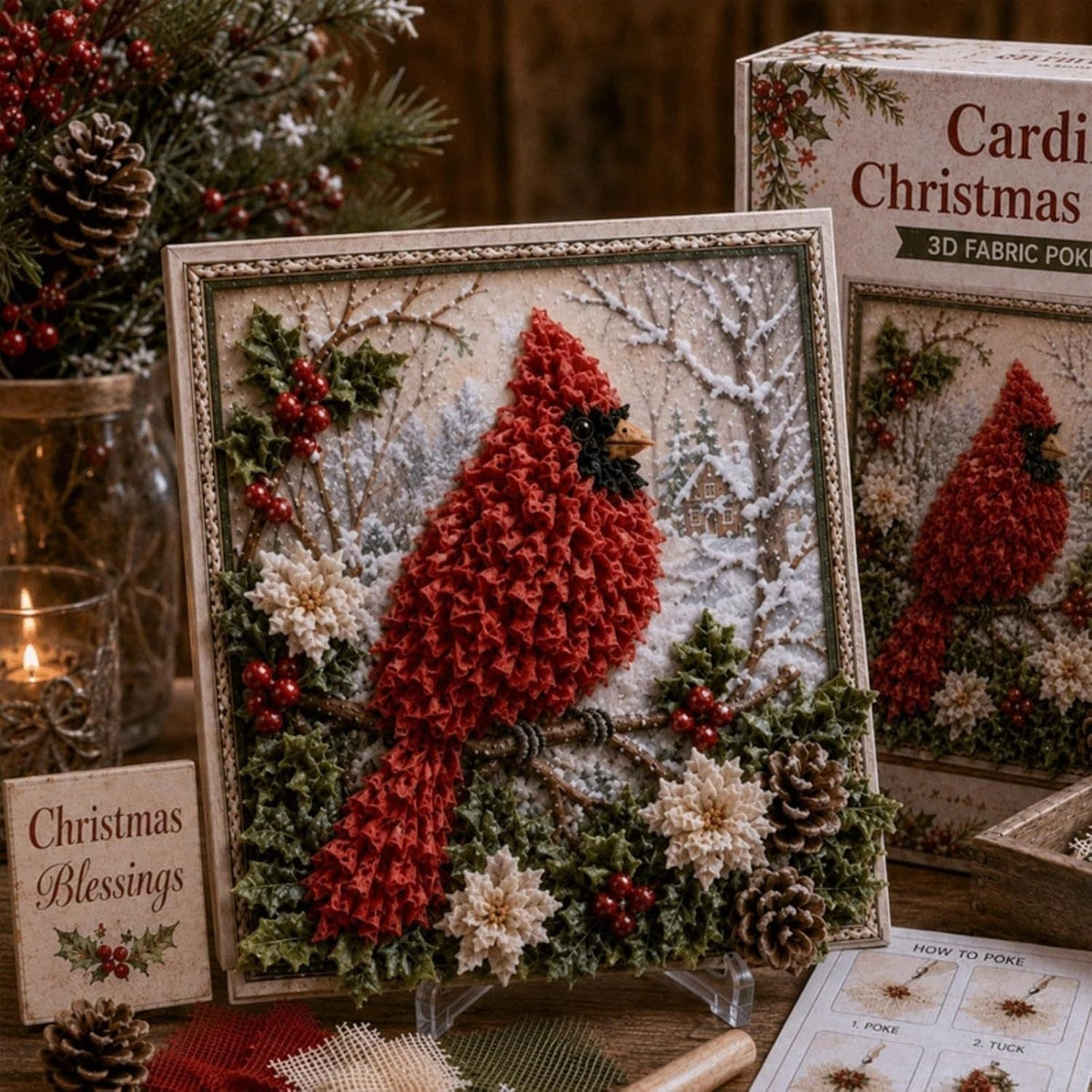 3D Christmas Fabric Poke Art Kit | No-Sew Holiday Craft with Pre-Punched Board, Fabric Squares & Display Stand 🎅✨