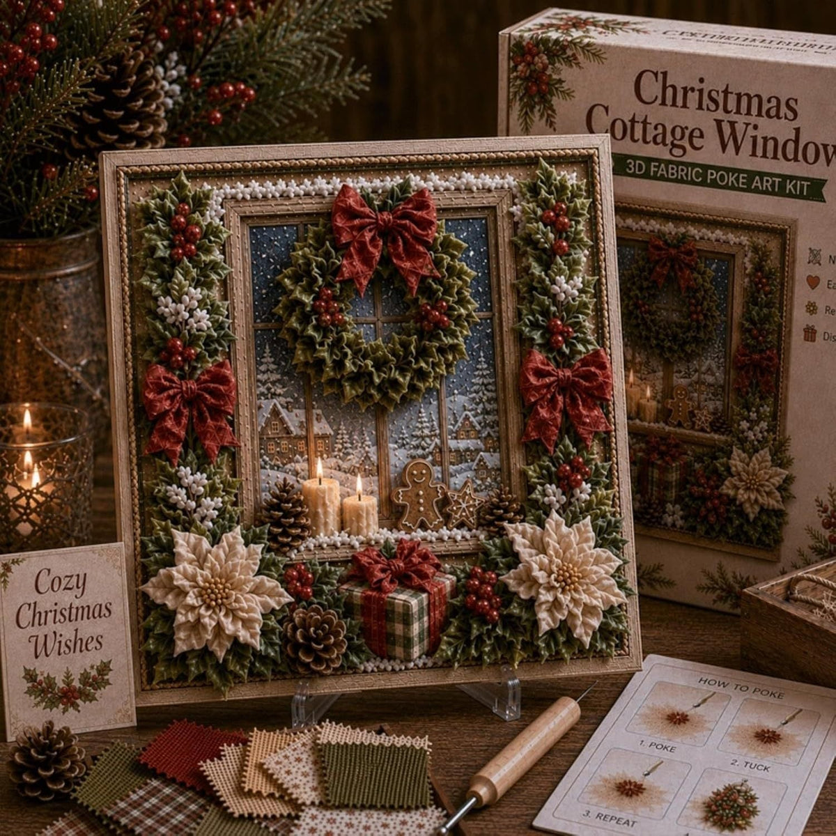 3D Christmas Fabric Poke Art Kit | No-Sew Holiday Craft with Pre-Punched Board, Fabric Squares & Display Stand 🎅✨